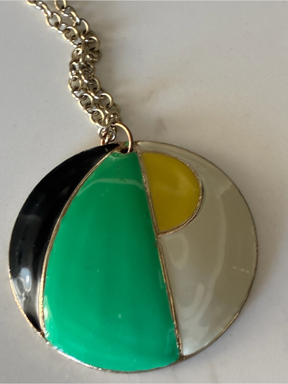 Vintage Art Deco Style Geometric Pendant Necklace - Green, Yellow, Black, Cream
